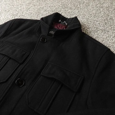 Guess Jacket Mens M Black Wool Blend Field Chore Coat Cargo Utility Heavy Goth - Image 1 of 4