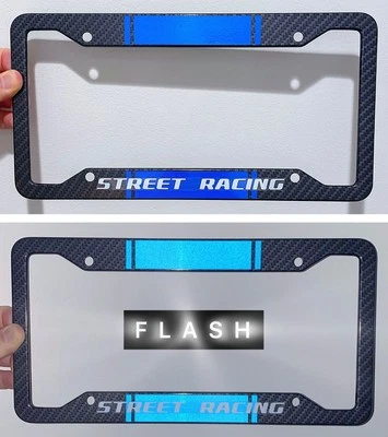 Reflective Blue Street Racing Metal Carbon Fiber Look License Plate Frame - Image 1 of 4