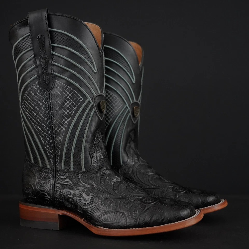 MEN'S RODEO COWBOY BOOTS HAND TOOLED SQUARE TOE LEATHER SOLE RANCHO BOTAS - Image 1 of 1