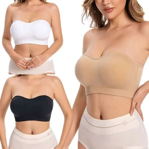 Women Strapless Bra Bandeau Bra Comfort Removable Pad Crop Tube Top Seamless Bra - Picture 1 of 15