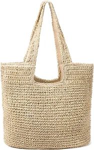 Straw Beach Bag for Women, Summer Woven Tote Shoulder Handbag Boho Style - Picture 1 of 12