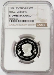 1981 PLATINUM 200 MINTED LESOTHO 250 MALOTI DIANA'S WEDDING NGC PROOF 70 ULTCAM - Picture 1 of 2