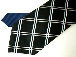 Tommy Hilfiger Mens Necktie Tie Black Blue White Checkered Silk 60" - Picture 1 of 4
