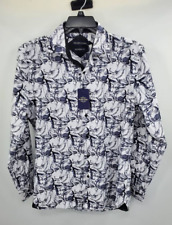 Silver Stone Mens Large Button Up Shirt White Blue Print Long Sleeve Collar New