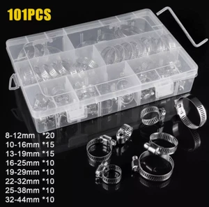 101pcs Adjustable Hose Clamps Worm Gear Stainless Steel Clamp Assortment 8 Sizes - Picture 1 of 9
