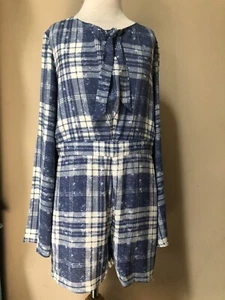 GB Girls Medium Long Sleeve Romper Blue Jean Paid Print Flared Arms Zip Back - Picture 1 of 10
