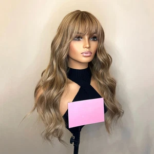 Dark Honey Blonde Balayage Wavy Wig with Bangs 100% Human Hair Lace Front Wigs - Picture 1 of 11