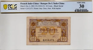 French Indochina 20 Cents 1920 Pick 45a (PCGS 30 VF) - Picture 1 of 2