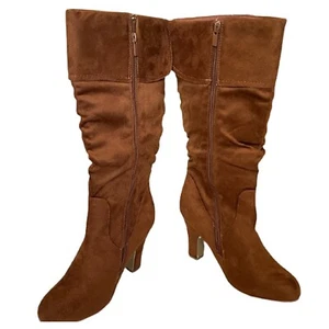 Strong-3 Folded Calf Zipper Closure Mid Heel Slouch Knee High Soft Suede Boots - Picture 1 of 8