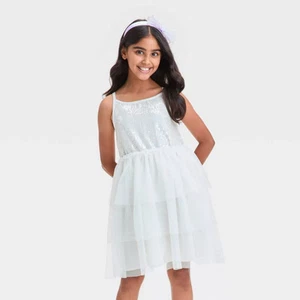 Girls' Sleeveless Tiered Tulle Sequin Dress - Cat & Jack White M - Picture 1 of 4