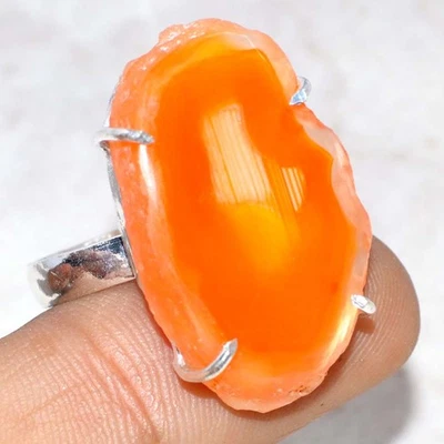 Anillo con bandas de cornalina druzy rebanada enchapada en plata 925 piedras preciosas EE. UU. 9 GW Foto 1 de 3