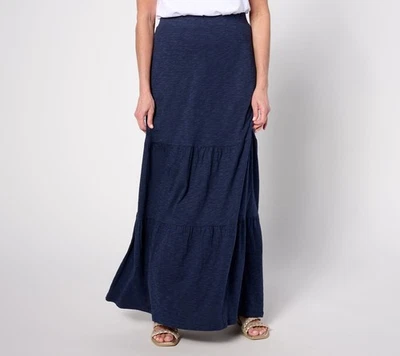 Denim & Co. Women's Skirt Sz M Regular Linen Blend Knit Tiered Maxi Blue A643235 - Image 1 of 4
