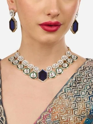 Deslumbrante conjunto de collar y pendientes Meenakari verde piedras azules para mujer mejor regalo Foto 1 de 4