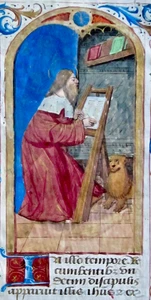 Ca.1475 painted miniature,Evangelist Mark works with his symbol,Latin,Flanders. - Picture 1 of 3