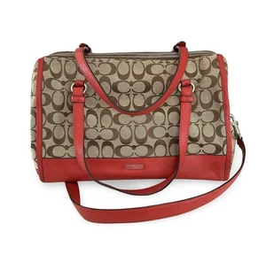 Coach Park Signature Satchel Shoulder Bag Red Leather & Beige Canvas Triple Zip - Picture 1 of 9