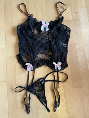 Dessous Oberteil schwarz XL Spitze Bügel rosa Schleife Strapshalter Höschen NEU - Bild 1 von 2