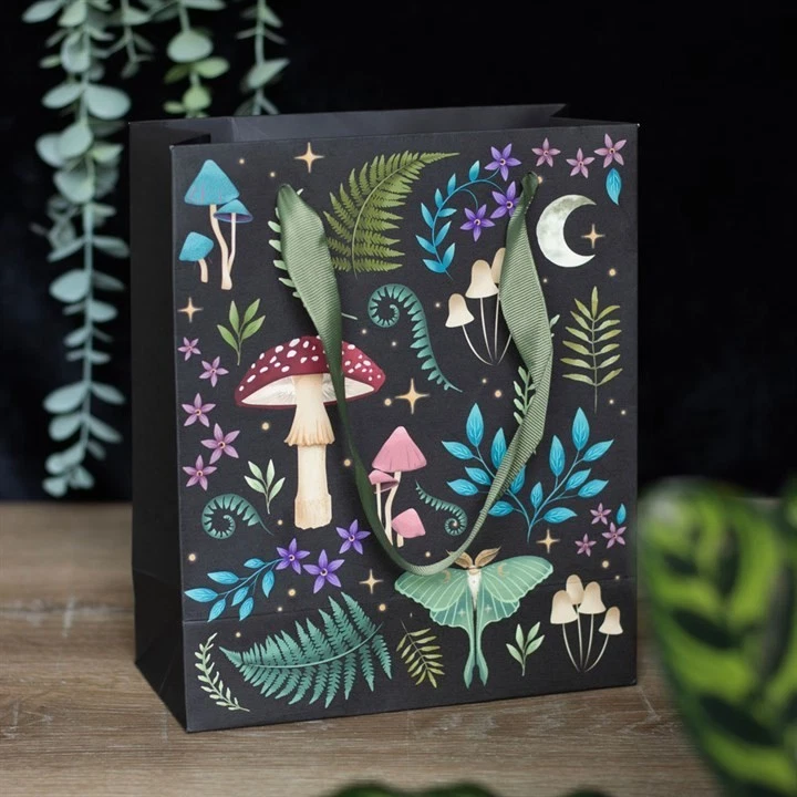 DARK FOREST MUSHROOM LUNA MOTH PRINT BIRTHDAY PARTY GIFT BAG WITH GIFT TAG