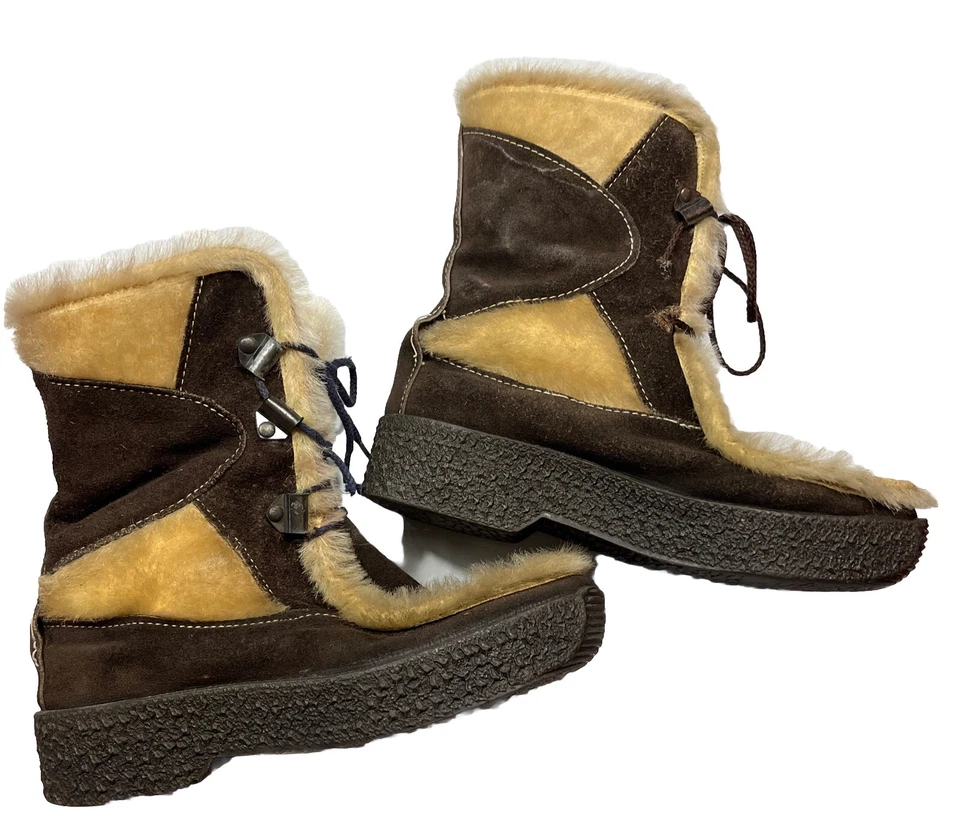 Italian TAN BROWN Goat FUR calf BOOTS Shearling Suede After Ski Lounger ITALY 38 - Image 1 of 4