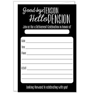 Retirement Party Invitations - Good-bye Tension Hello Pension + Opt. Envelopes