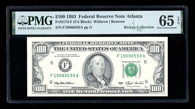 DBR 1993 $100 FRN Atlanta Gem Fr. 2174-F PMG 65 EPQ Serial F19080593A - Image 1 of 2