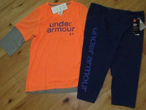 Under Armour wordmark top & cropped capri leggings NWT girl XL YXL orange purple - Picture 1 of 3