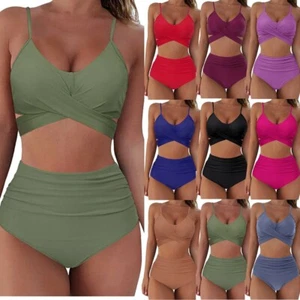 Women Sexy Solid Push Up High Cut Halter Bikini Set Two Piece Swimsuit Swimwear - Picture 1 of 28