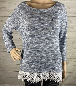 Hannah Sweater Small Blue White Space Dyed Lace Ruffle Trim Thin Knit Poly Blend - Picture 1 of 12