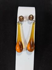 Vintage Vogue Signed Gold Tone Amber Color Brown Glass Dangle Clip Earrings...