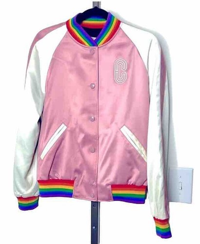 Giacca da pista souvenir Coach arcobaleno rosa bianco prezzo al dettaglio al dettaglio $598 taglia small