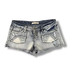 Y2K No Boundaries Ultra Mini abgeschnittene Shorts abgenutzt Patchwork niedriger Bund Größe 7 - Bild 1 von 4