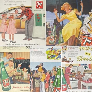 7up Soda Pop 5x LOTE 1946 1947 1951 1957 1959 MerryGoRound original de colección anuncio impreso grande - Imagen 1 de 8