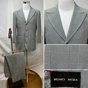 Men's Milano Moda Black White Plaid 4-Button 38R Blazer 32x26 Pants Suit - Picture 1 of 16