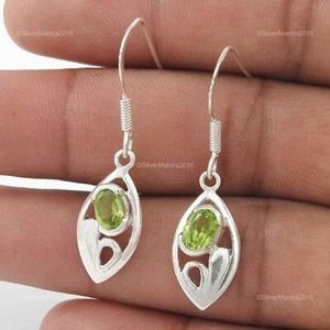 August Natural Peridot Sterling Silver Boho Bezel Hook Dangle Earrings Jewelry - Picture 1 of 5