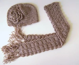 GIRLS TAUPE BEIGE CROCHET FLOWER HAT SCARF HAND CROCHET HANDMADE CAP BEANIE - Picture 1 of 6
