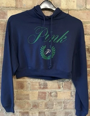 Pink Victoria Secret Crop Top Hoodie Size XS 42” Oversized Cotton Blend Blue - Image 1 of 4