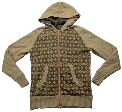 Suéter De Colección Y2K Paul Frank Lana de Cordero Mujer Pequeño Marrón Tostado Geo Cremallera Forrado con Capucha Foto 1 de 4