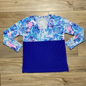 Lilly Pulitzer Womens Finn V-Neck Top In Saltwater Blues Shade Seekers Size S - Picture 1 of 8