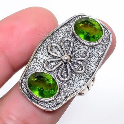 Burmese Peridot Gemstone Silver Plated Jewelry Ring s.9 M1426 - Image 1 of 4
