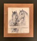 Vintage 20th Century Horse Pencil Drawing Print Wooden Frame