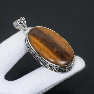 Tiger Auge Natürlicher Edelstein Silber Anhänger Handgemacht 925 Sterling Silber - Bild 1 von 3