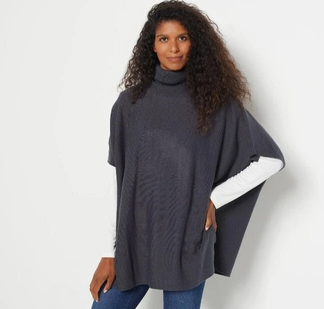 Denim & Co. Cowl-Neck 3/4-Sleeve Poncho w/Rib Charcoal Grey Medium/Large A587234 - Image 1 of 1