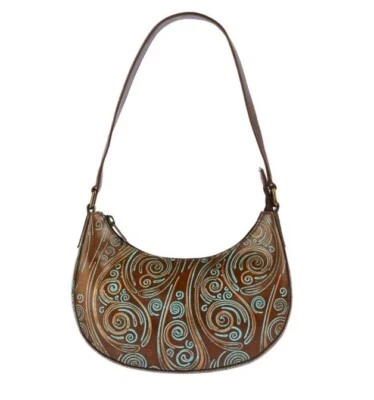 Bolso Hobo de Hombro Pequeño de Cuero Tooled Anuschka-Ondas Marrón-NUEVO CON ETIQUETAS Foto 1 de 4