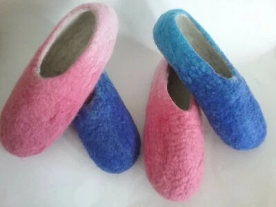 Two pair set pink blue 100% wool merino blend Felt Houseshoe Handmade US Slipper - Image 1 of 4