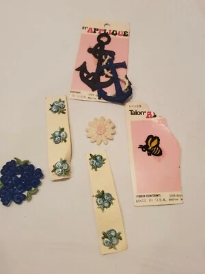 Vintage Applique iron sewn on patches blue flowers, anchor, bee, daisy - Image 1 of 2