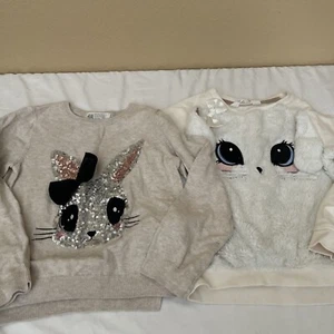 H&M Lot Of 2  Pullover Sequin , furry Bunny Accented Sweatshirt 4-6 Y - Picture 1 of 5