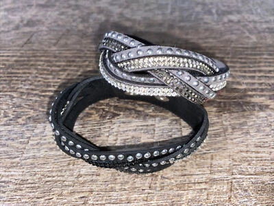 Gray And Black Rhinestone Studded Leather Wrap Bracelets Lot Foto 1 de 4