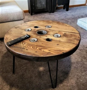 Farmhouse Wood Spool Table 36" Inches- Hairpin & Pipe Legs - Round Coffee End - Picture 1 of 8