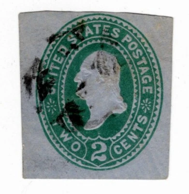 Scott U308, 1887, 2¢ green on blue, die 1, cut square, about 29x32mm, RARE - Image 1 of 2