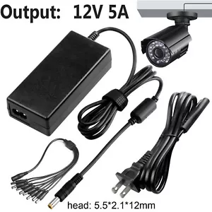 12V 5A Power Supply Charger+8Way Splitter Cable For CCTV DVR Camera/LED Strip US - Picture 1 of 22