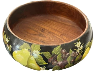 Large Hand Painted Folk Art Wooden Fruit Bowl Still Life Signed 12" Black - Picture 1 of 11